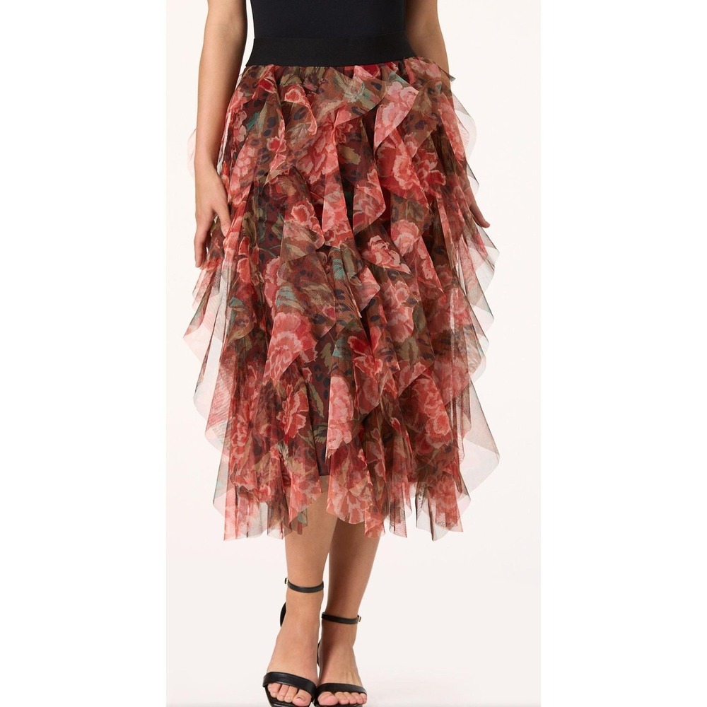 Fariycore Floral Leopard Print Ruffle Mesh Tiered Midi Skirt Romantic Large NWT